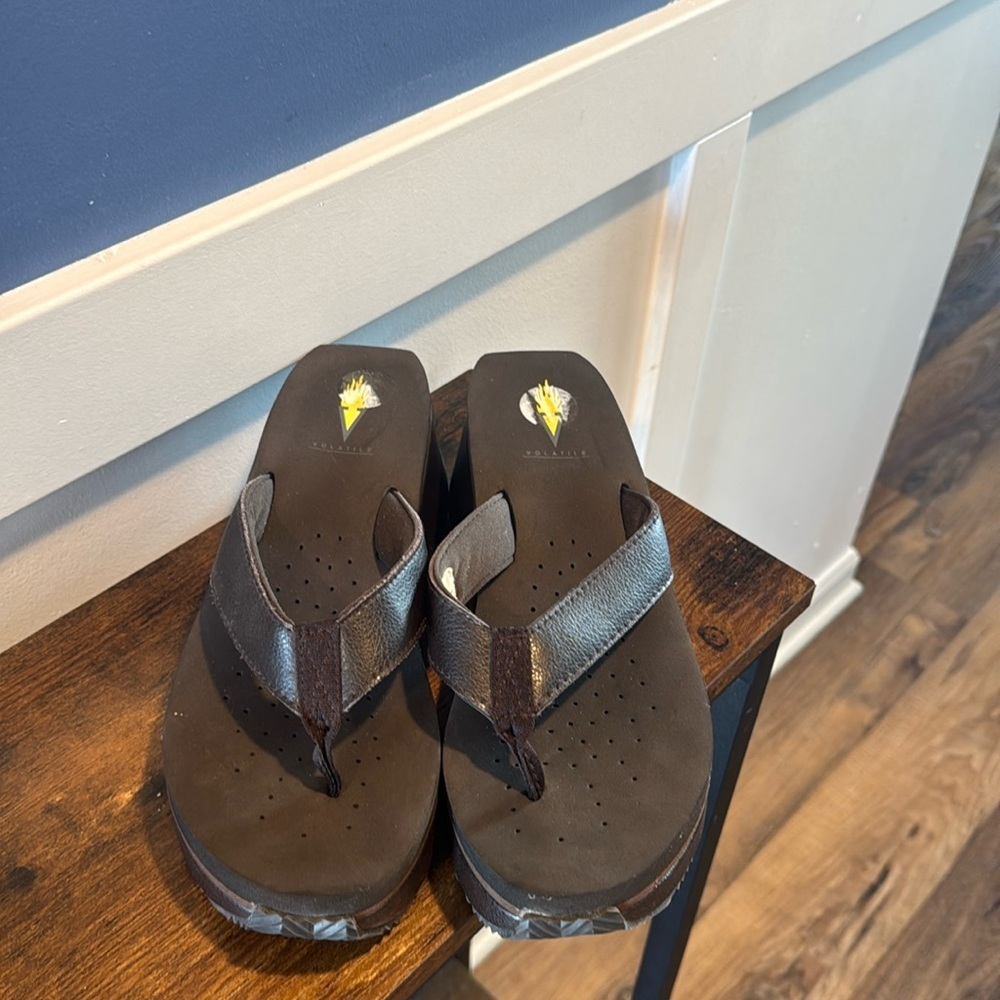 Volatile Frappachino Brown Leather 3" Wedge Heel Thong Sandals - 7